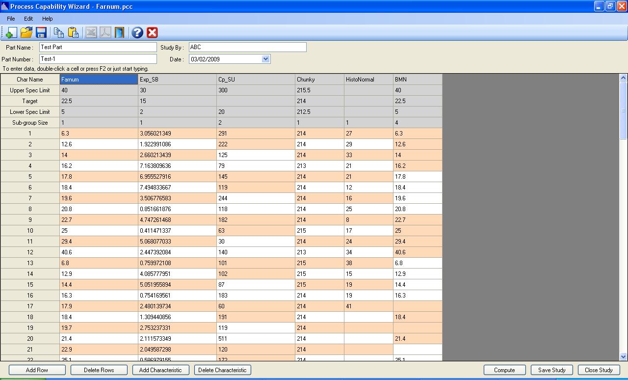 Screen showing the Data Entry Screen for Process Capability Wizard