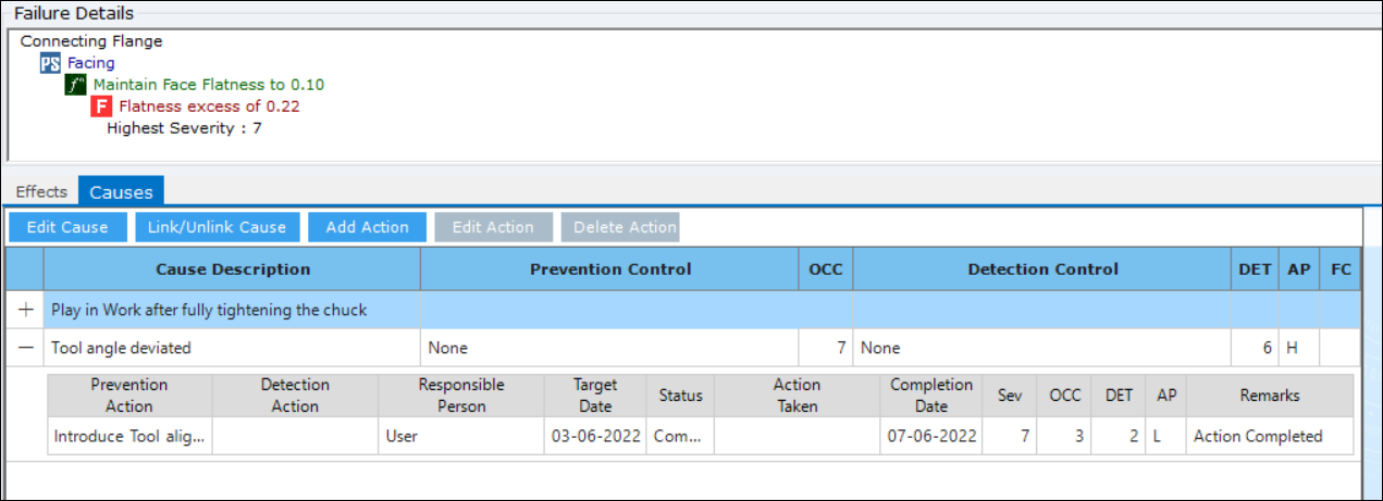 FMEA Action tracking screen