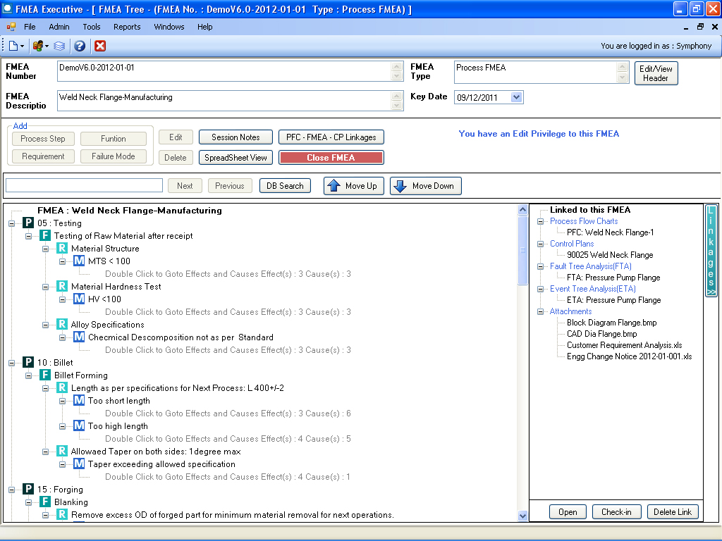 Screen showing FMEA organized as a logical tree structure