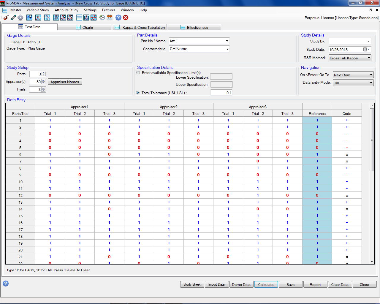 ProMSA: Attribute Studies: CrossTab Study Data Entry Screen