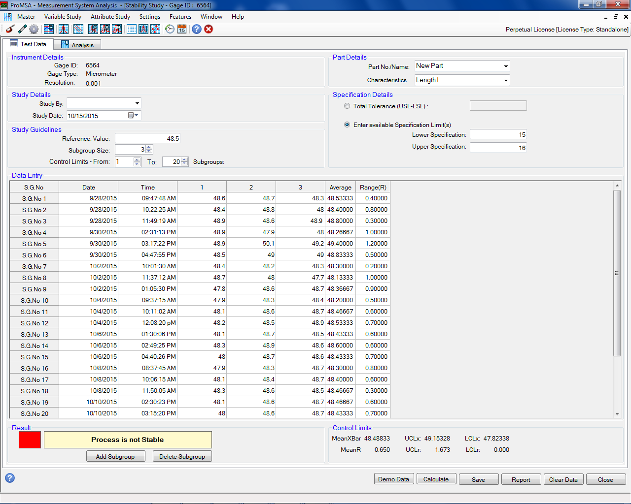 ProMSA: Variable Studies: Stability Study Data Entry Screen