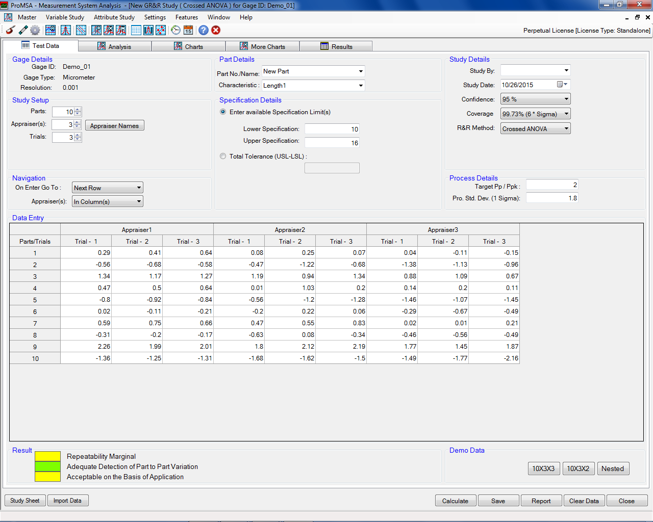 ProMSA: Variable Studies: GR&R Data Entry Screen