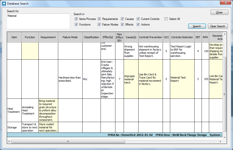 Database Search Feature in FMEA Executive